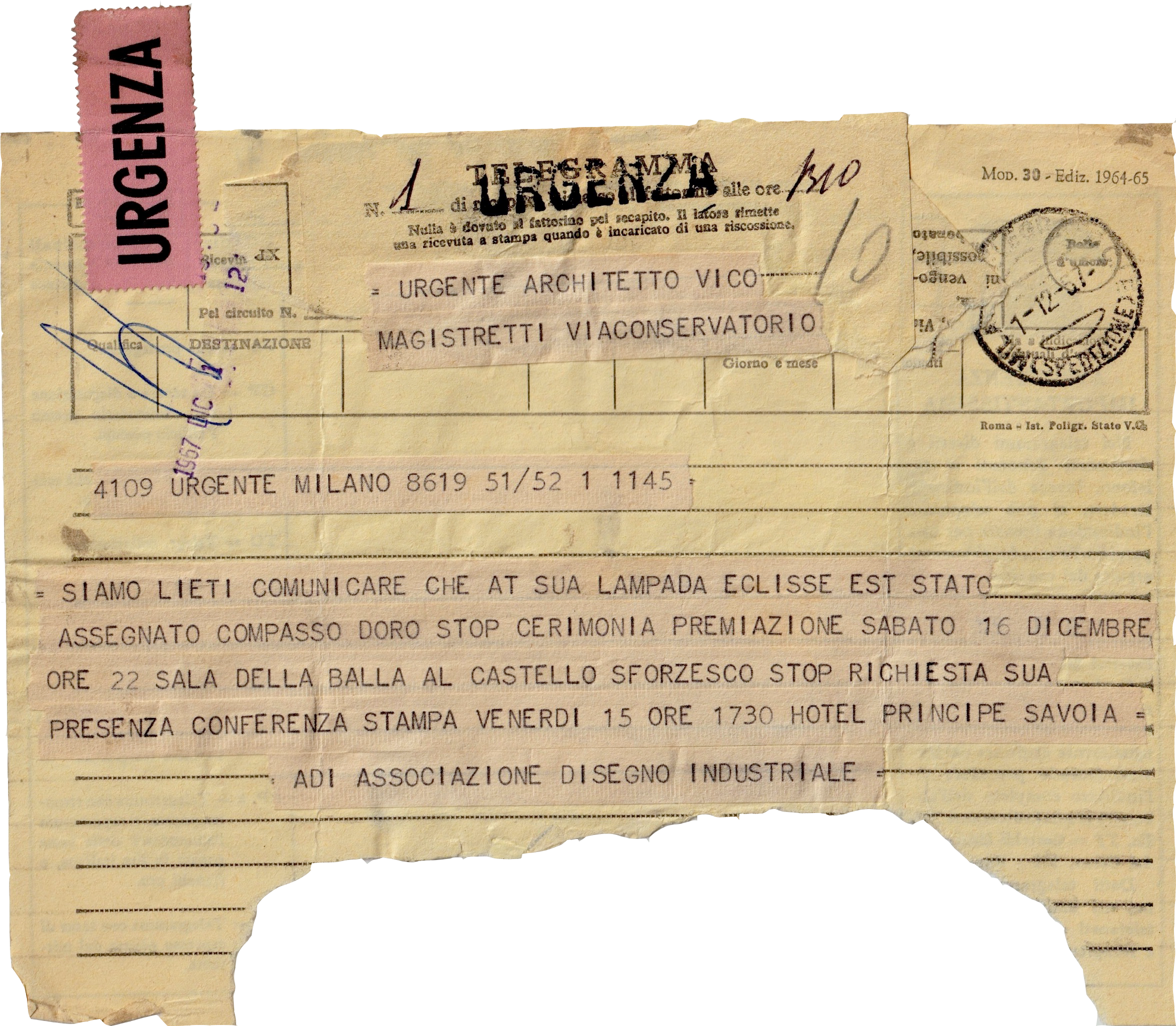 Telegramma Compasso d'Oro Eclisse